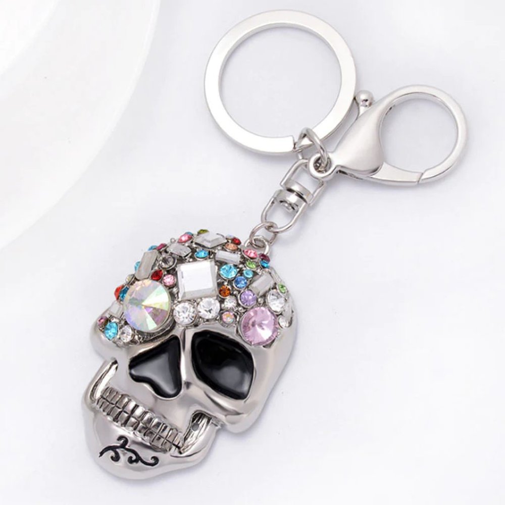 Sparkling Skull Keyring And Punk Style Hand-Bone With Claws-Scary Cute! Silver